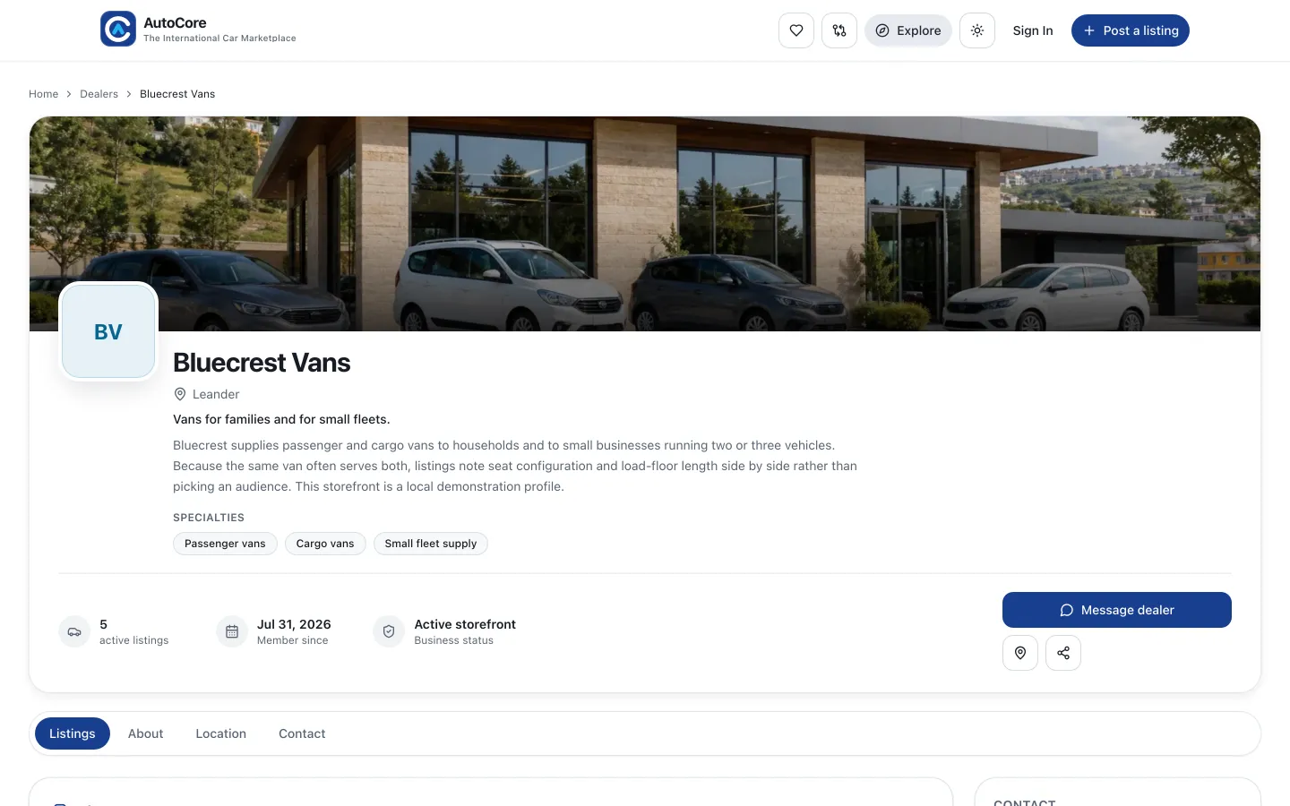 AutoCore dealer storefront page showing a cover image, specialties, and listing count
