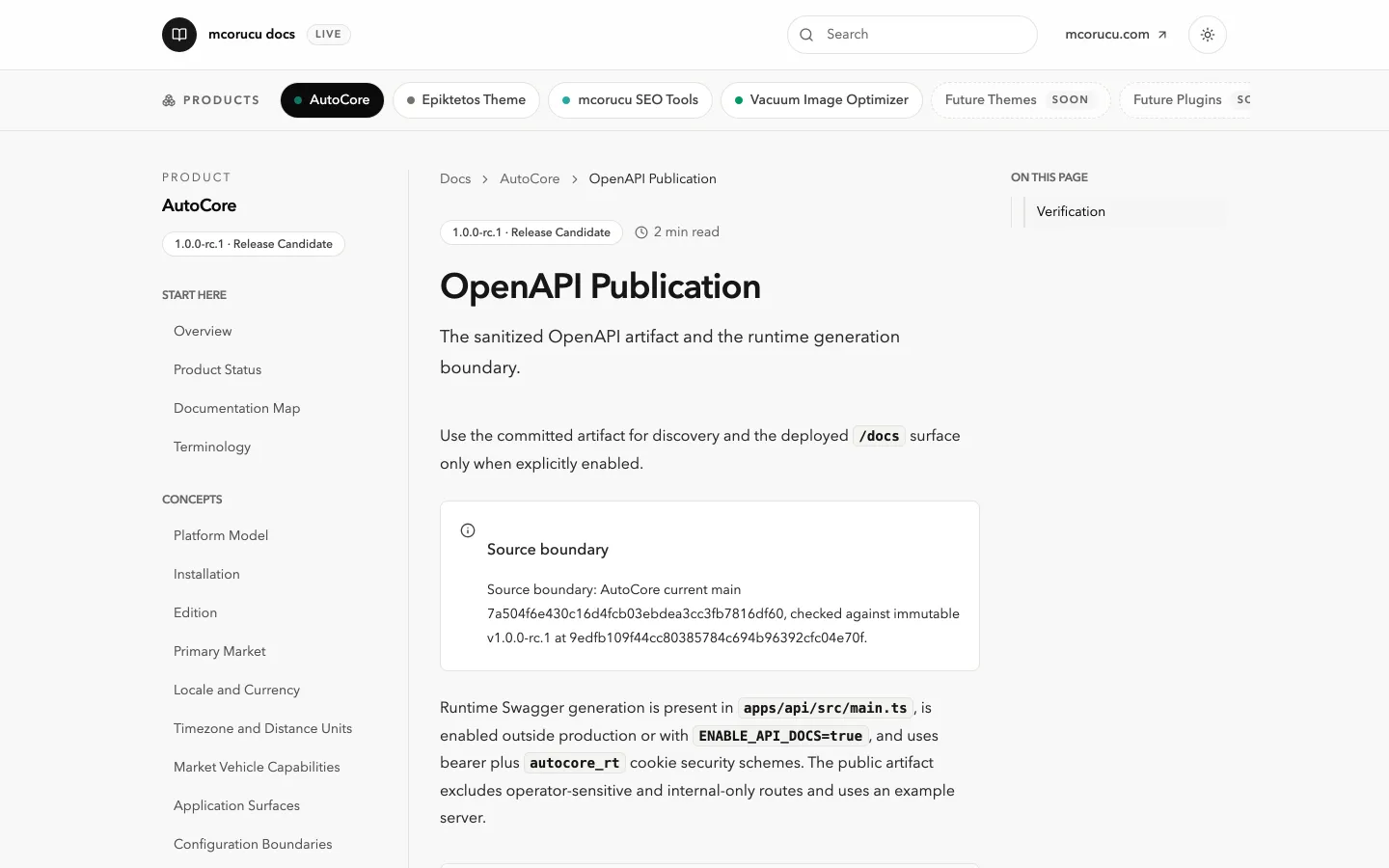 AutoCore OpenAPI publication page in the documentation site, showing the release-candidate version badge