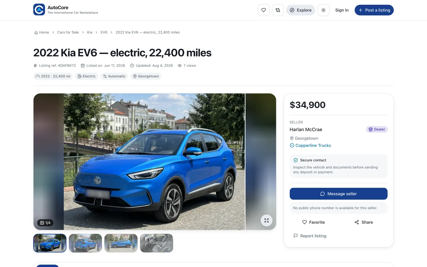 AutoCore listing detail page showing a vehicle gallery, price, and seller panel