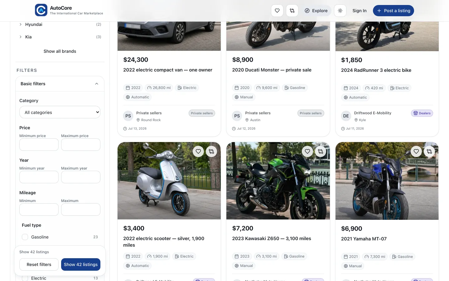 AutoCore search results page with a filter sidebar and a grid of vehicle listings