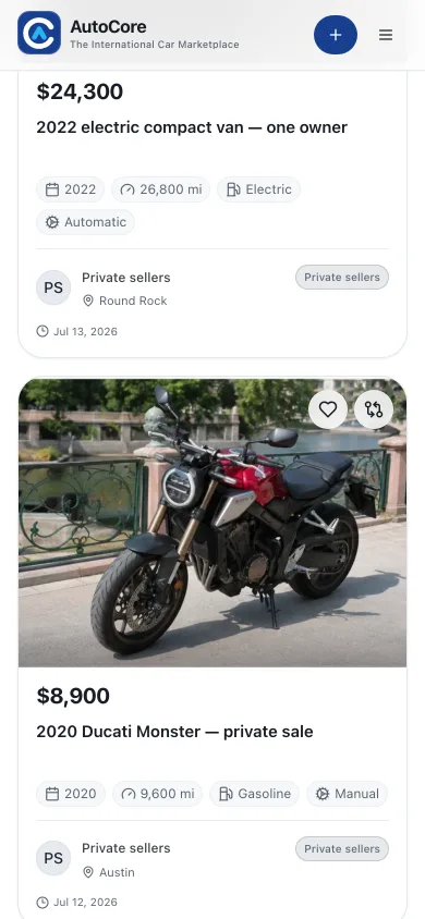 AutoCore search results on a mobile viewport showing stacked listing cards