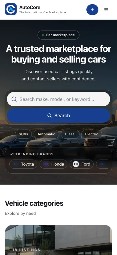 AutoCore marketplace homepage on a mobile viewport with a stacked search form