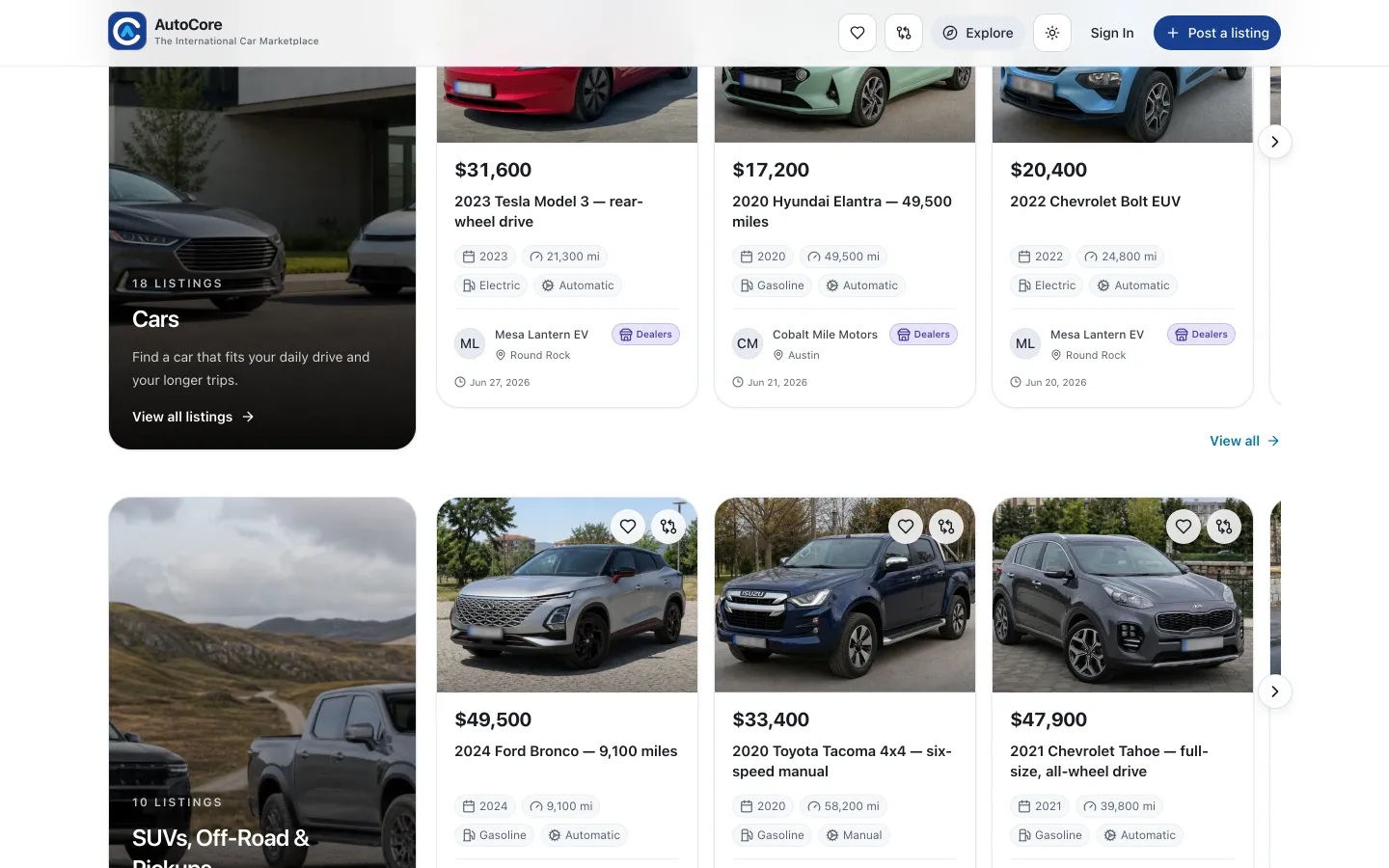 AutoCore homepage category sections showing listing counts and vehicle cards with dealer names
