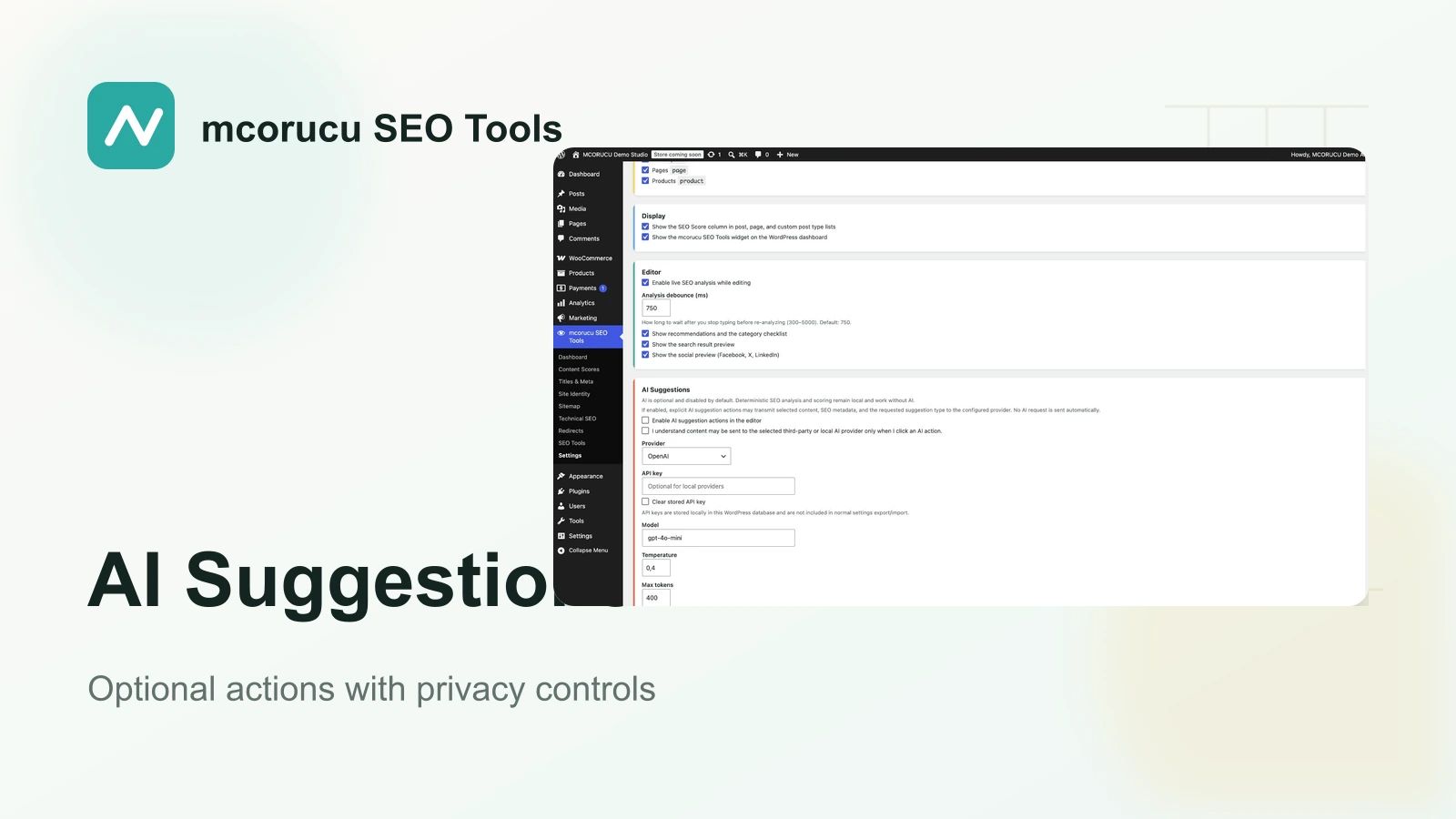 mcorucu SEO Tools AI suggestions interface