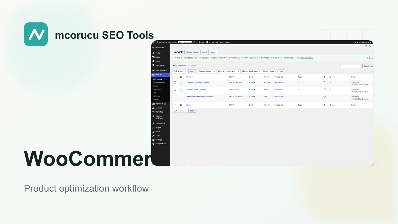 mcorucu SEO Tools WooCommerce analysis interface