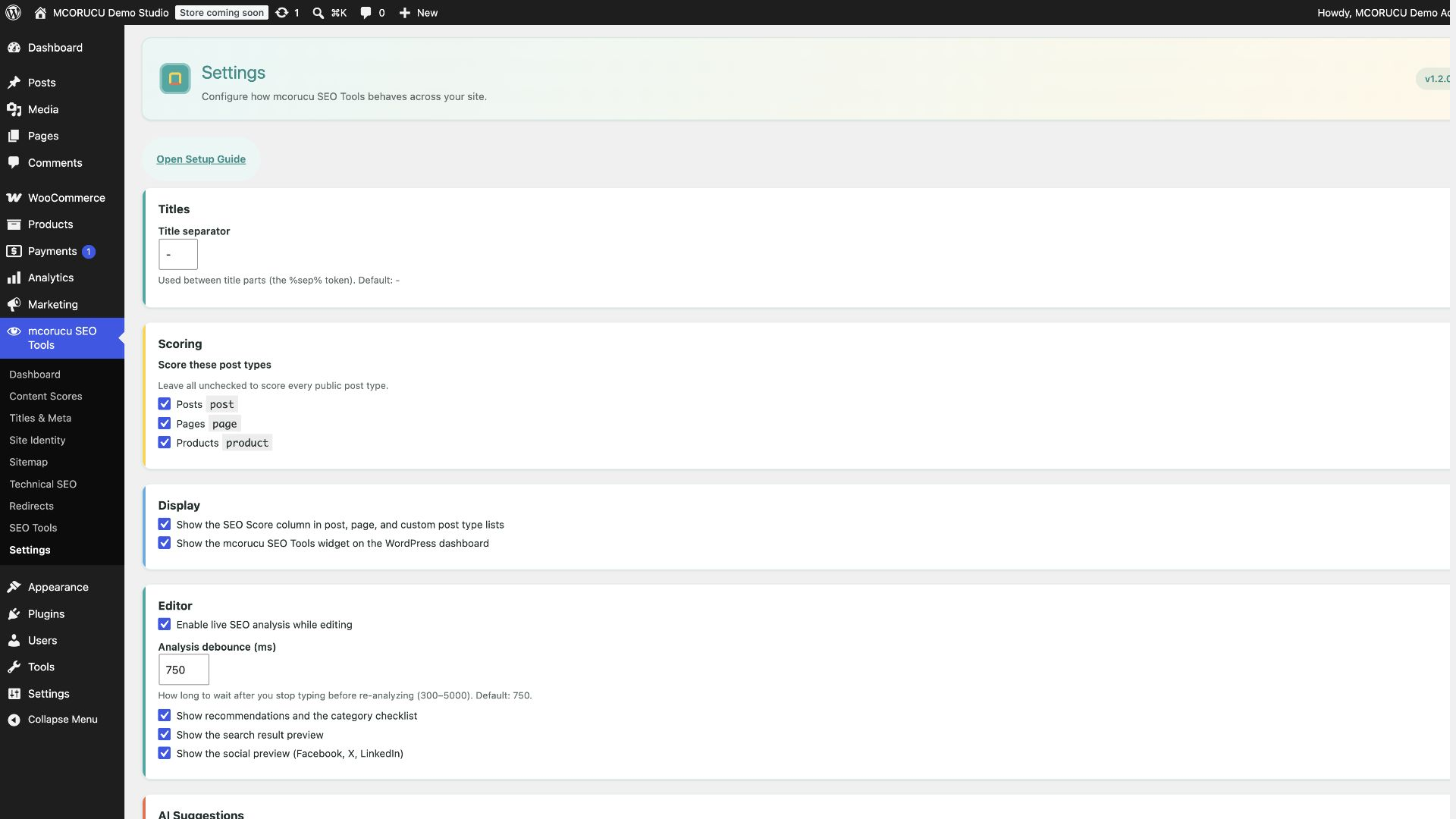 mcorucu SEO Tools general settings screen