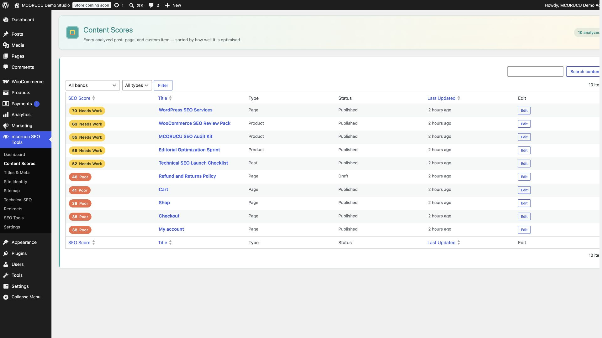 mcorucu SEO Tools content scores list