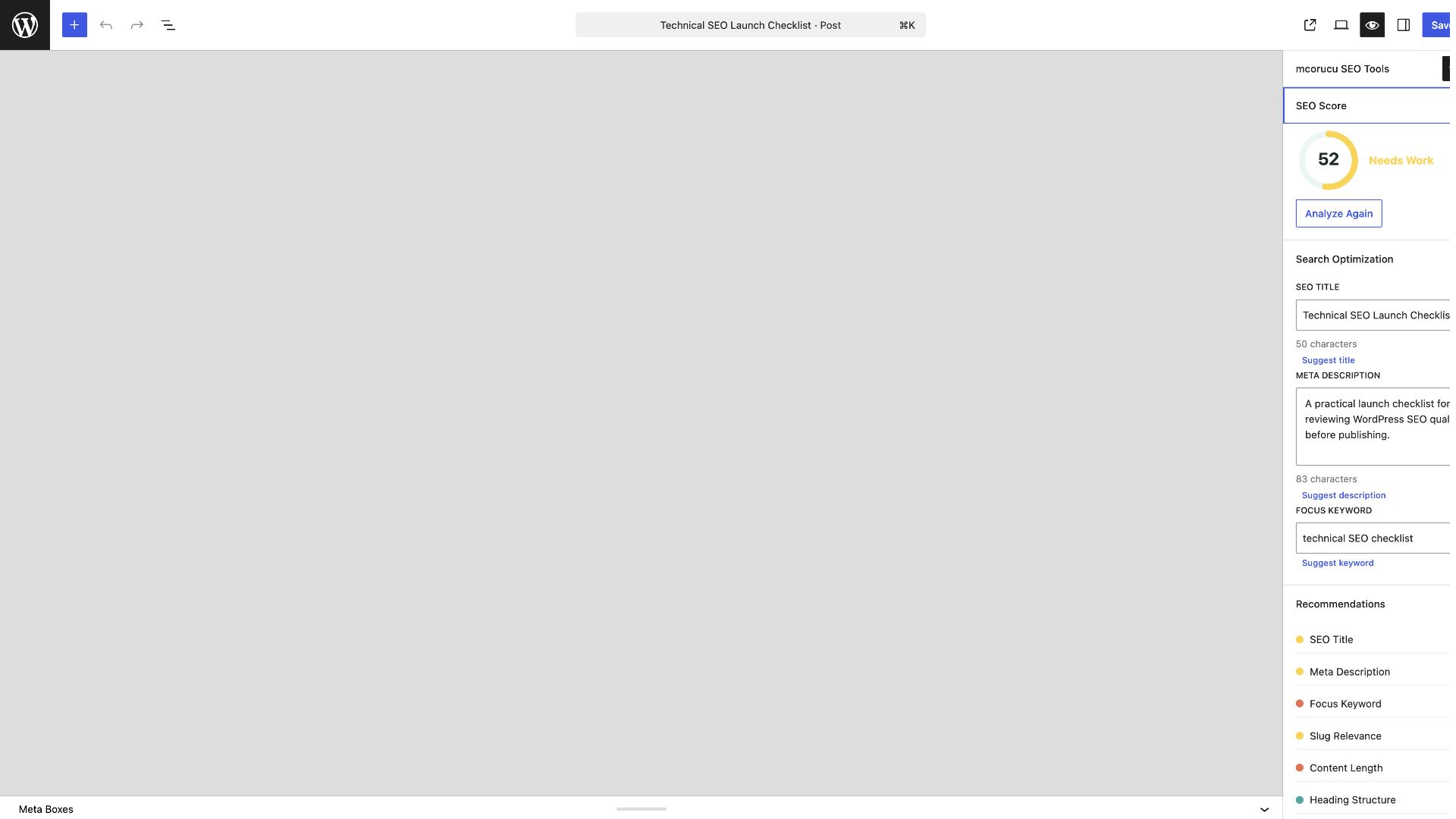 mcorucu SEO Tools editor sidebar panel