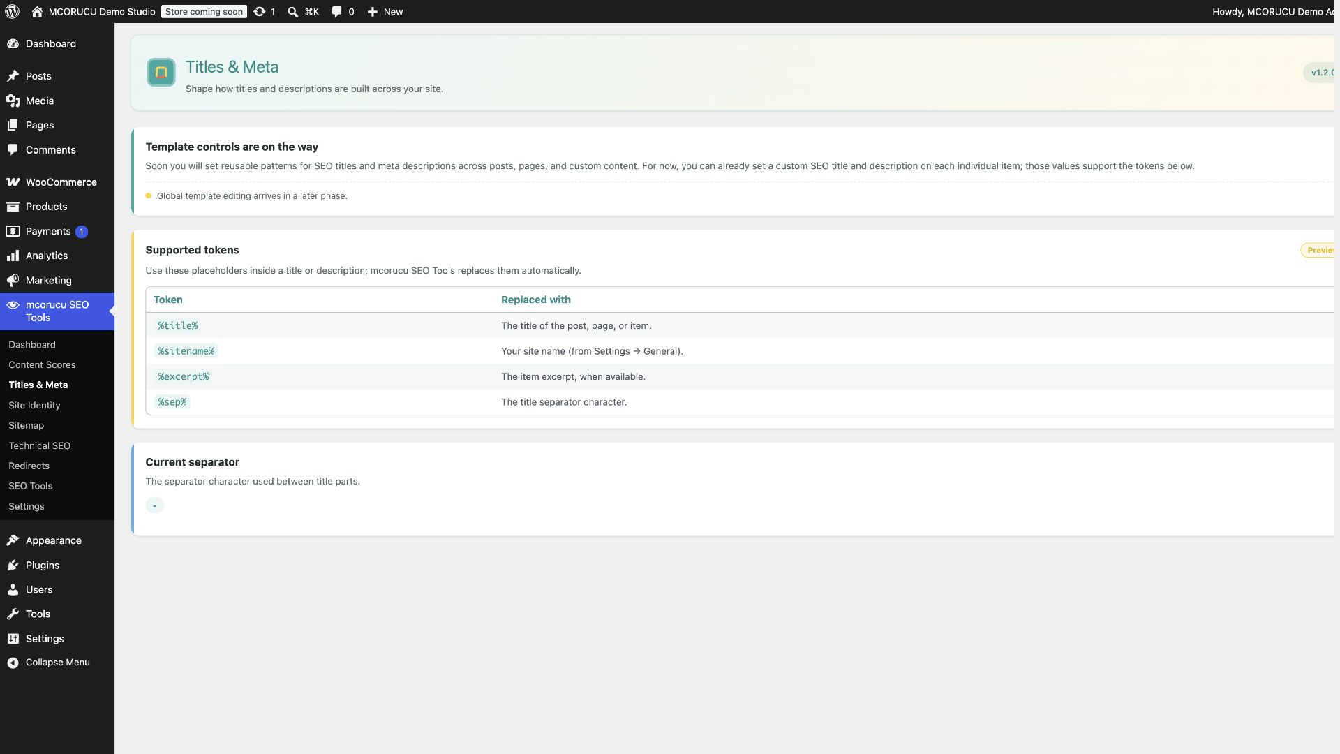 mcorucu SEO Tools titles and meta controls