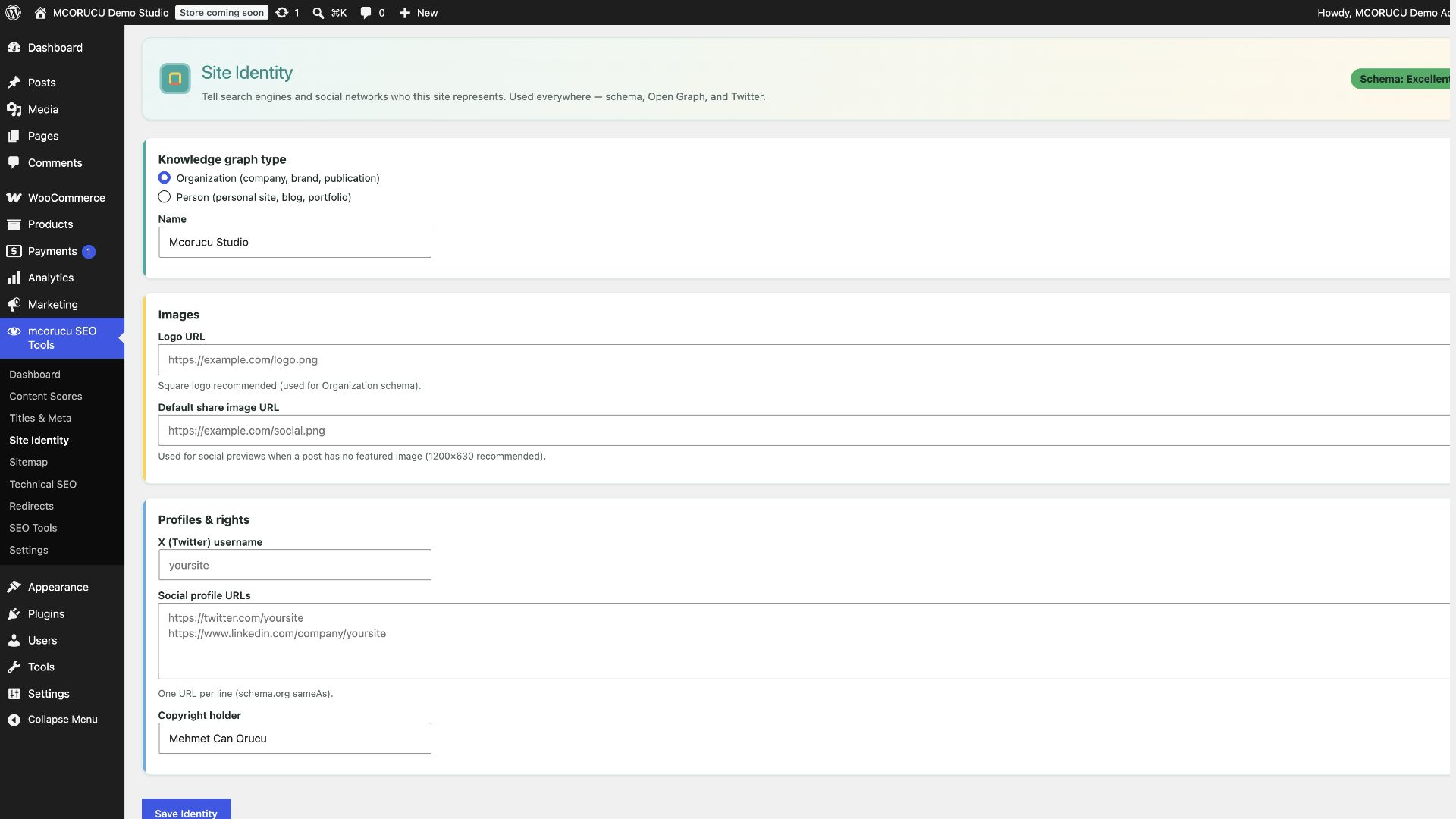 mcorucu SEO Tools site identity settings
