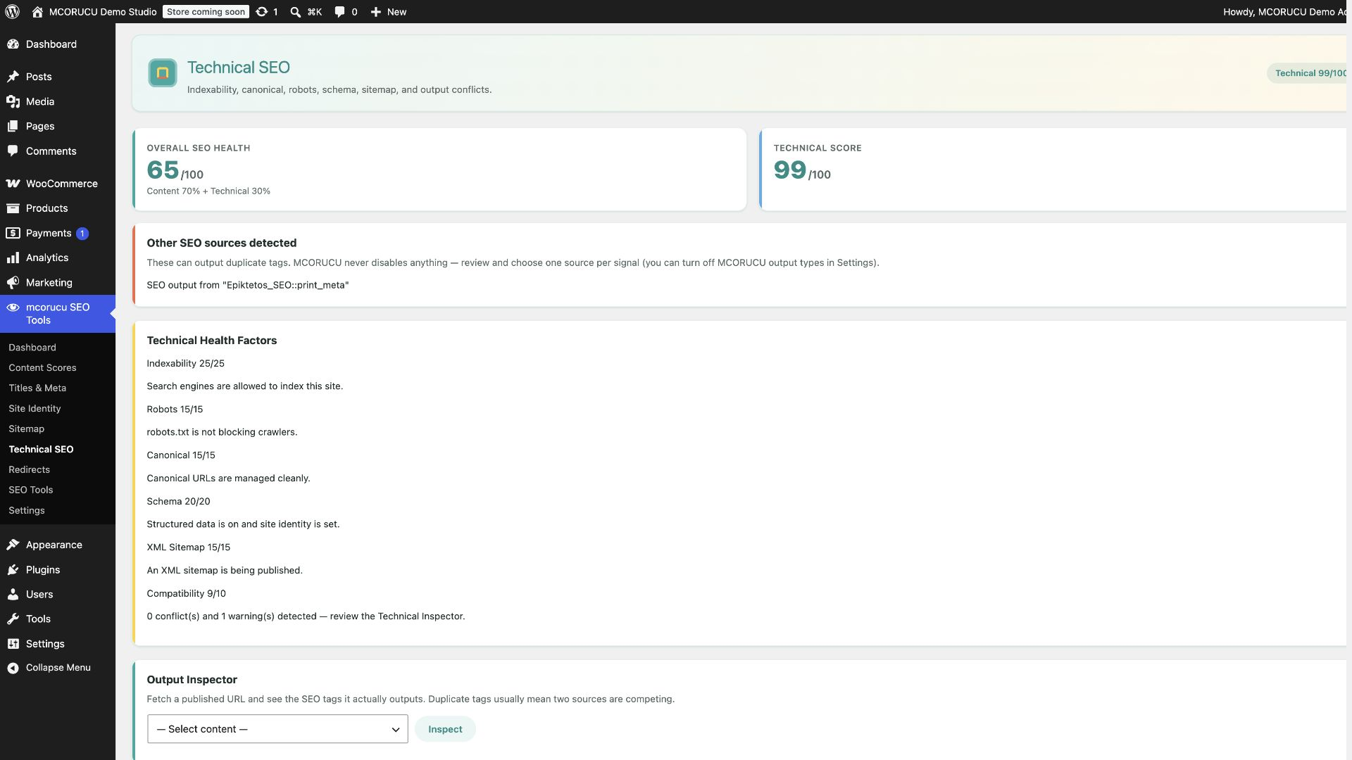mcorucu SEO Tools technical SEO health screen