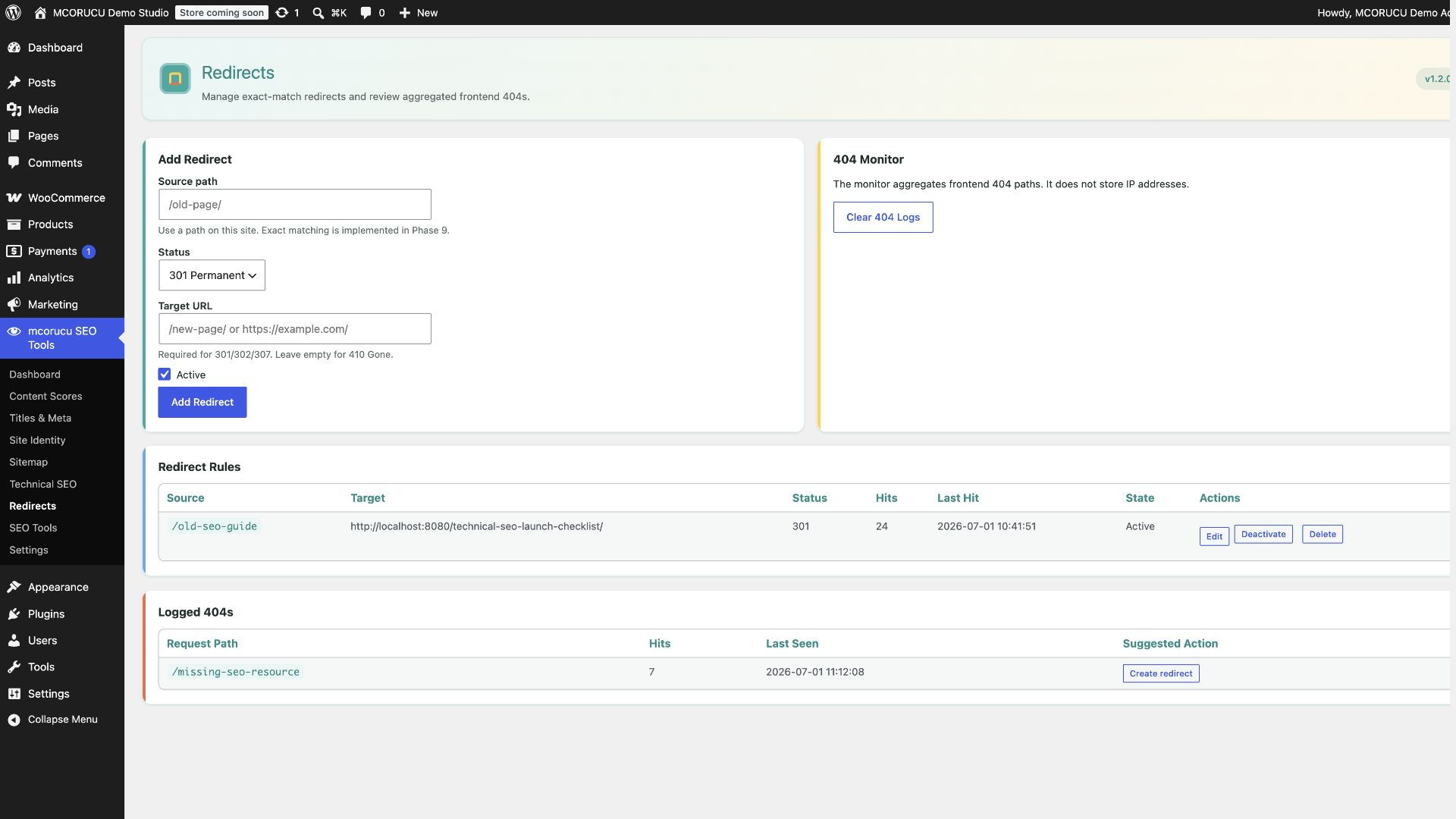 mcorucu SEO Tools redirects and 404 monitor