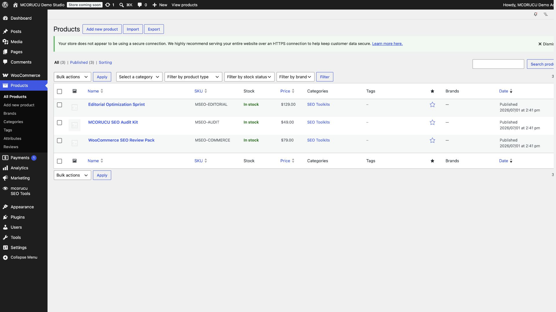 WooCommerce products list with mcorucu SEO Tools installed
