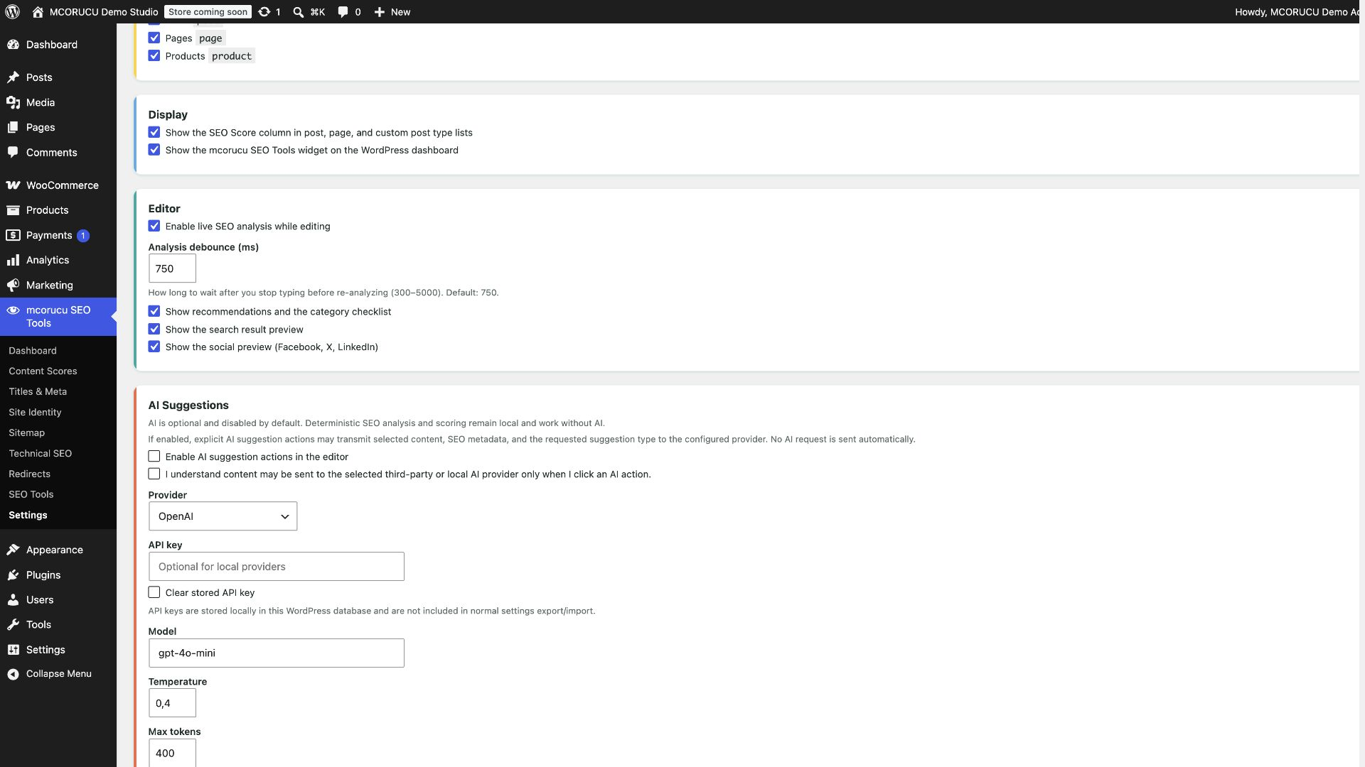 mcorucu SEO Tools AI suggestion settings