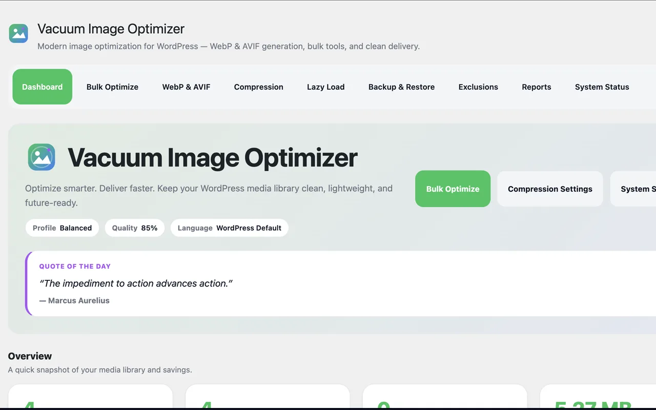 Dashboard — savings, key metrics, and feature status at a glance.