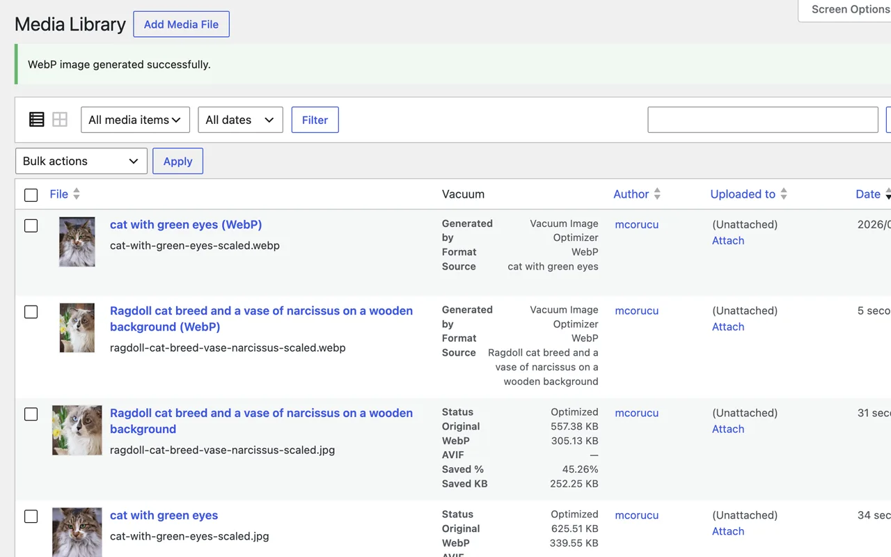 Media Library — per-image WebP/AVIF status and one-click actions.
