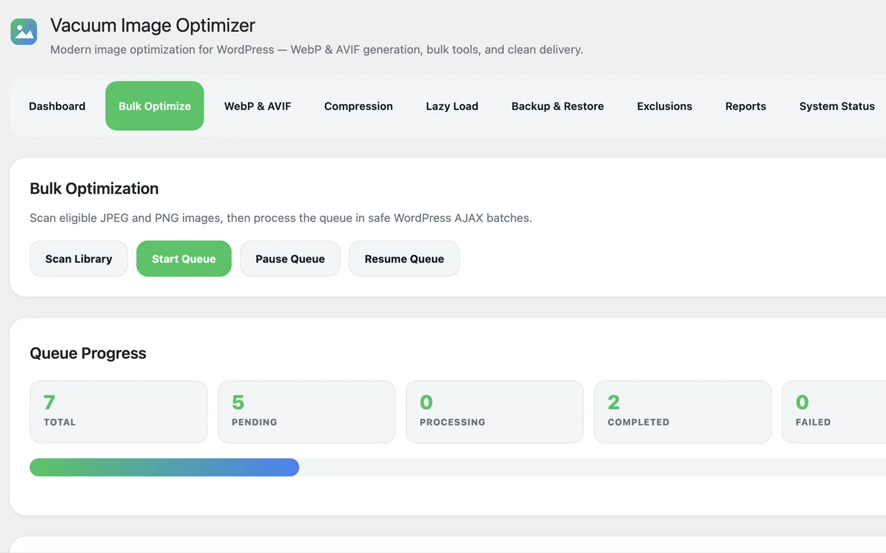 Bulk Optimize — queue with start, pause, and resume controls.