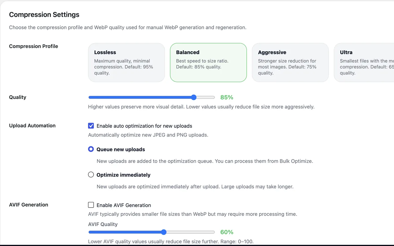 Compression — profiles, quality, and WebP/AVIF options.