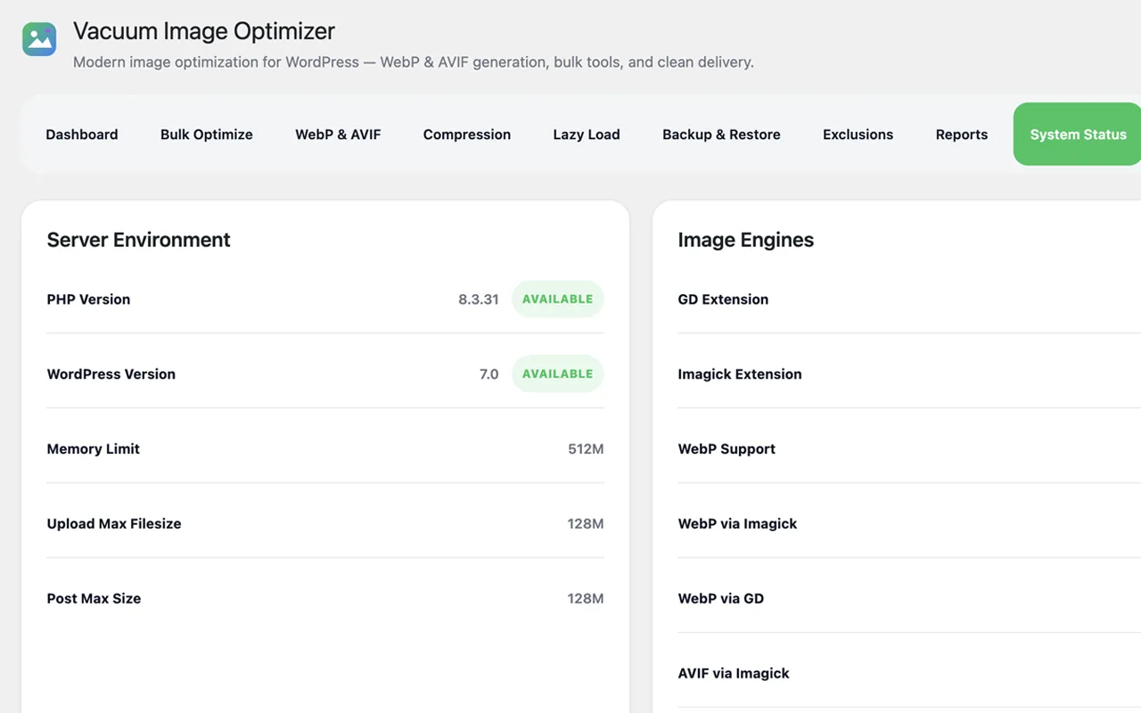 System Status — engine support and production-readiness checks.