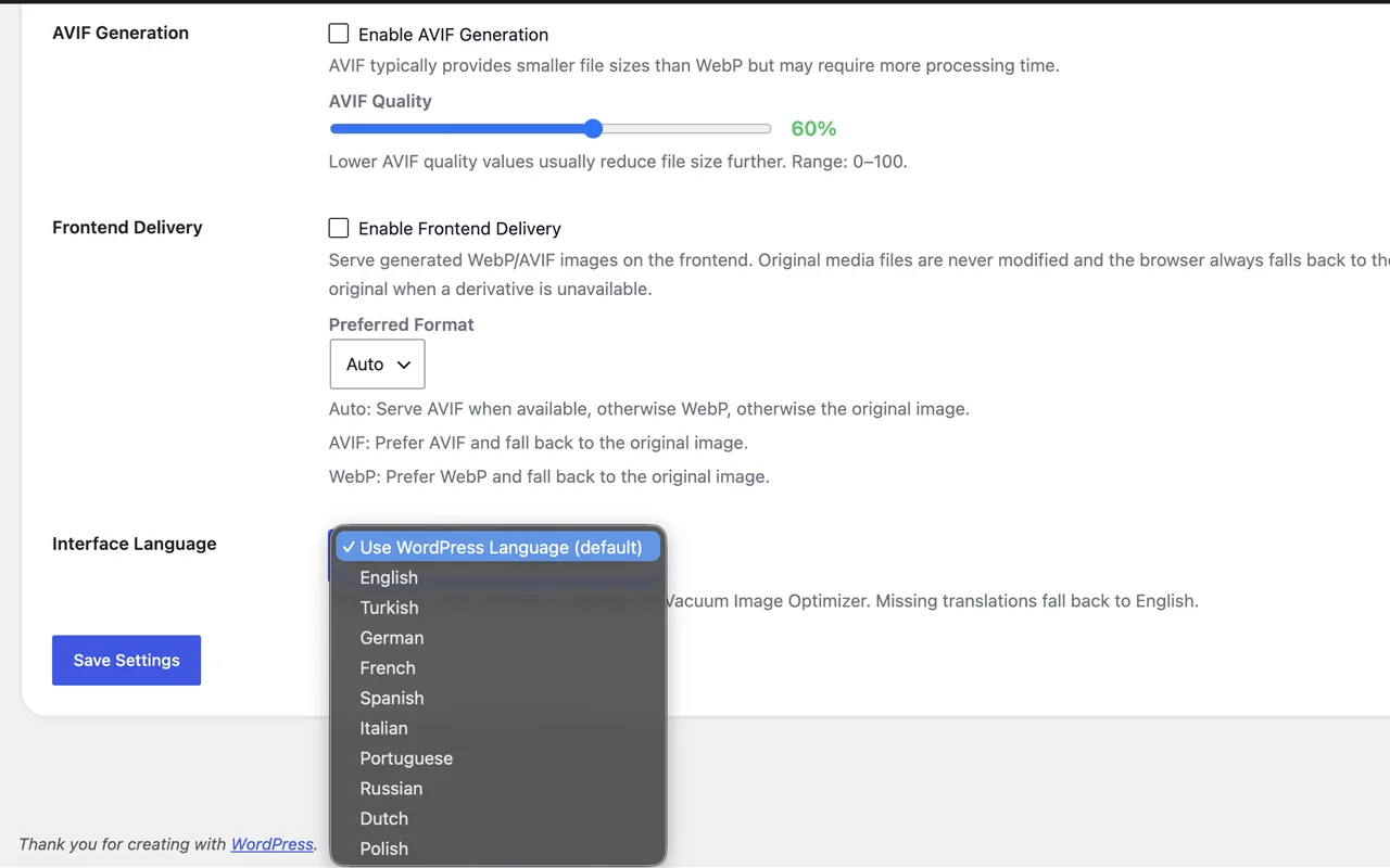 Localization — built-in interface-language selector.
